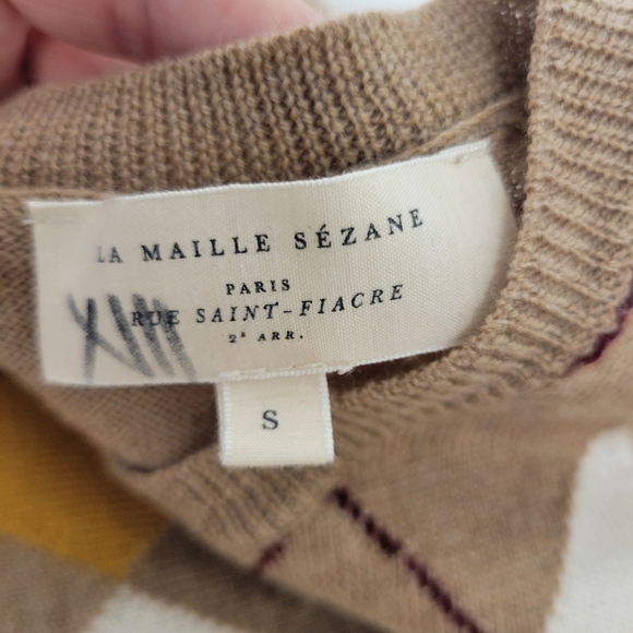 La Maille Sezane Merino Wool Jumper Argyle Pattern Sweater in Master, Camel - Picture 9 of 15